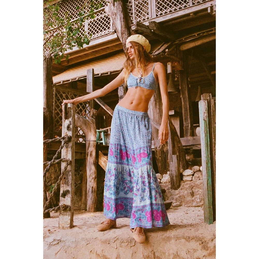 Spell Maxi Skirt Women Large Blue Floral Boho Tiered Organic Cotton